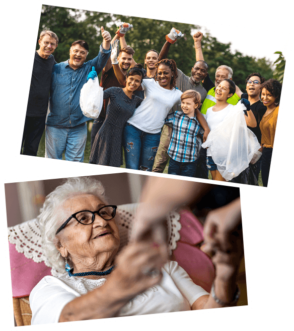 photos of a mother and child playing and an elderly lady holding hands with a carer