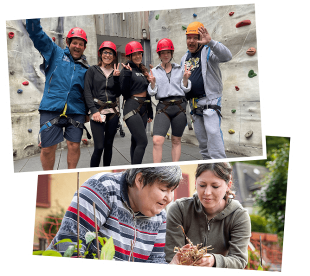 Photos of a corporate charity event at a climbing centre and a lady and carer in a garden