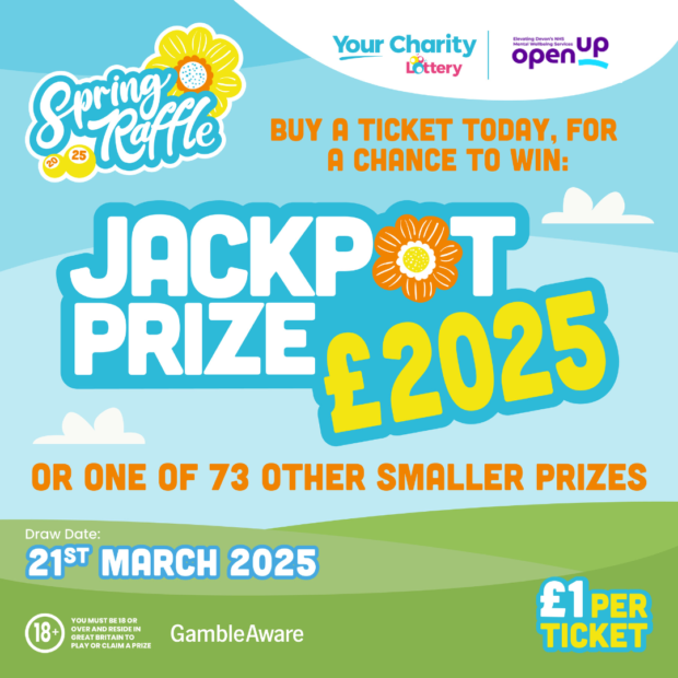 A bright and colourful promotional image for the Spring Raffle 2025, organised by Your Charity Lottery in support of Open Up. The image features a blue sky with fluffy white clouds, a green grassy hill, and cheerful yellow flowers.