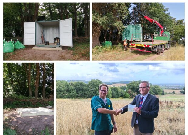 4 pictures that include container on site, being delivered, area it is going and donation being awarded.