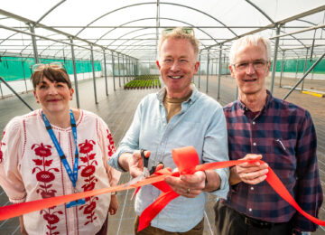 Toby Buckland and staff at New Leaf opening the new multispan polytunnel and New Leaf in Exminster.
