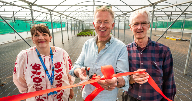 Toby Buckland and staff at New Leaf opening the new multispan polytunnel and New Leaf in Exminster.