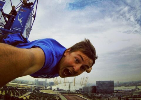 Someone taking a selfie during the bungee jump.