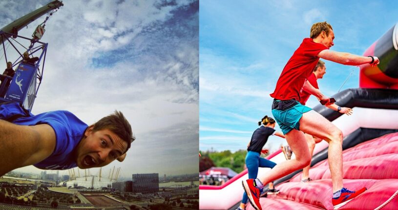 Picture of someone doing a bungee while taking a selfie and also people running up an obstacle on an inflatable at the 5k inflatable event.